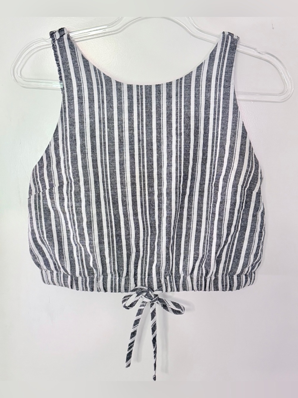 Black White Striped Cotton Linen Blend Crop Top Tie Front Lined Tank - M/L